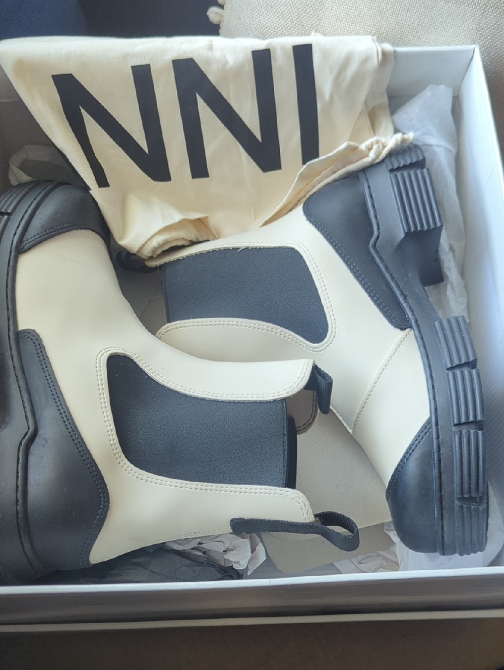 Ganni Cream and Black Contrast Chelsea Boots NWT
